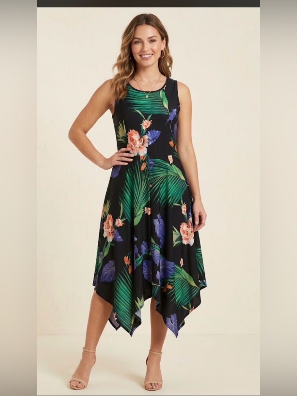 ECI size large black floral dress features a striking asymmetrical handkerchief